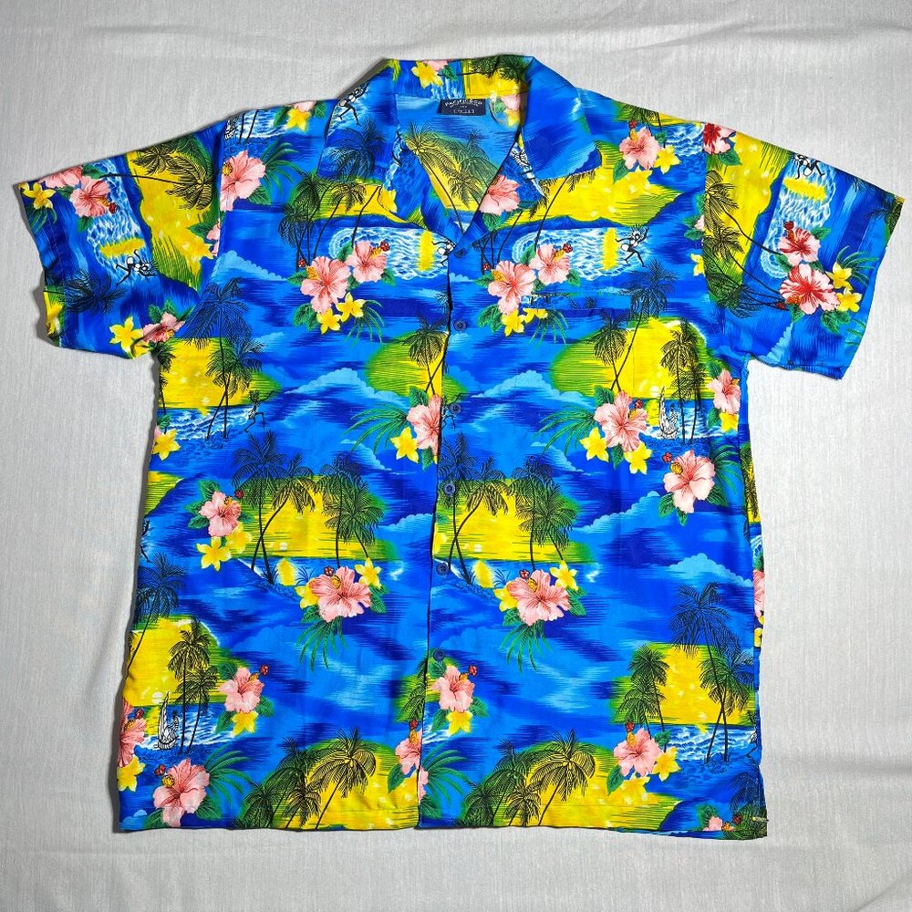 Pacific & Co Shirt Mens Large Blue Hawaiian Aloha Floral Palm Tree Beach Summer